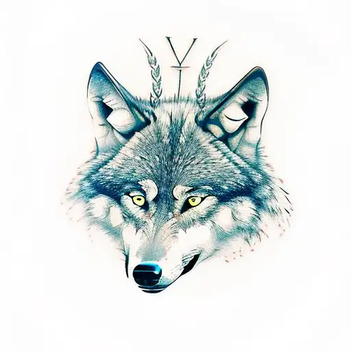 wolf with green eyes and taurus symbol on the head tattoo design idea