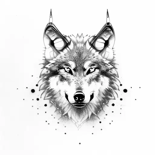 wolf with green eyes and taurus symbol on the head tattoo design idea