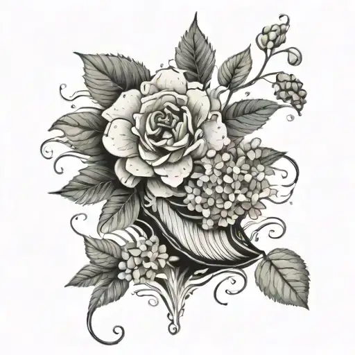 camino shell filled with hydrangeas falling into water tattoo design idea