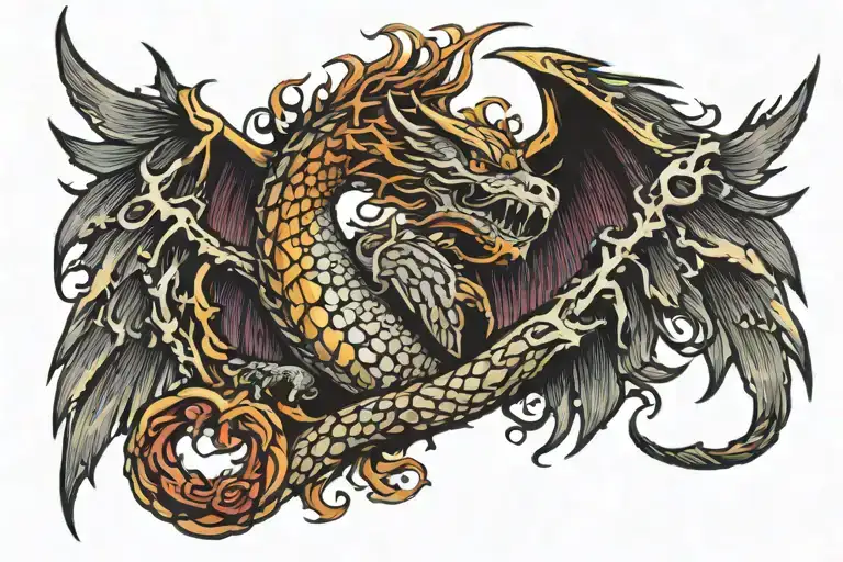 Phoenix rising from ashes dragon wrapped tattoo design idea