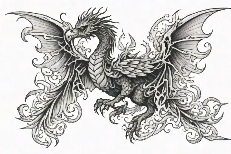 Phoenix rising from ashes dragon wrapped tattoo design idea