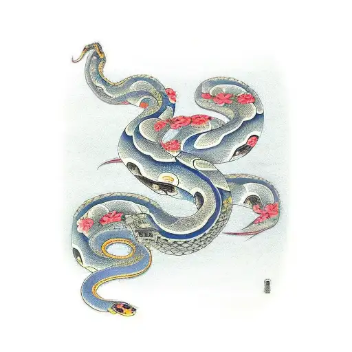 snake twisted around flowers tattoo design idea