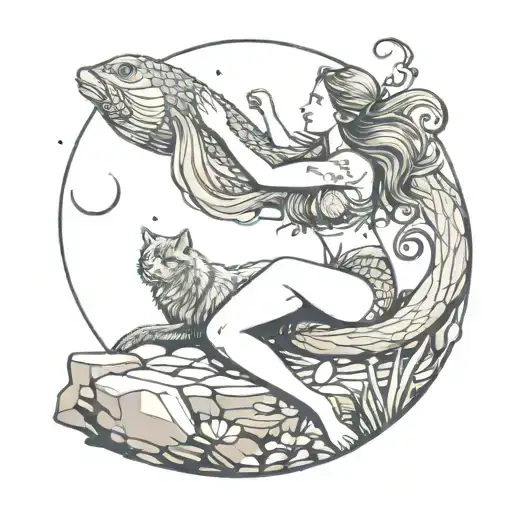 A mermaid sitting on a rock trying to reach a cat sitting on a half moon with her arm tattoo design idea