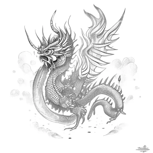 waterdragon with fire rooster tattoo design idea