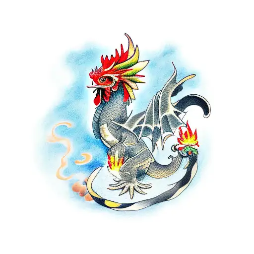 waterdragon with fire rooster tattoo design idea