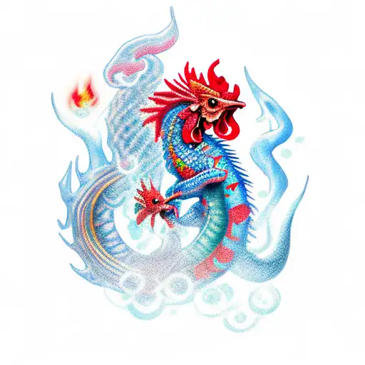 waterdragon with fire rooster tattoo design idea