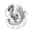 waterdragon with fire rooster tattoo design idea