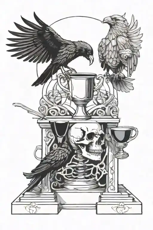A skeleton and a raven, both holding a cup and making a toast next to a grave  tattoo design idea