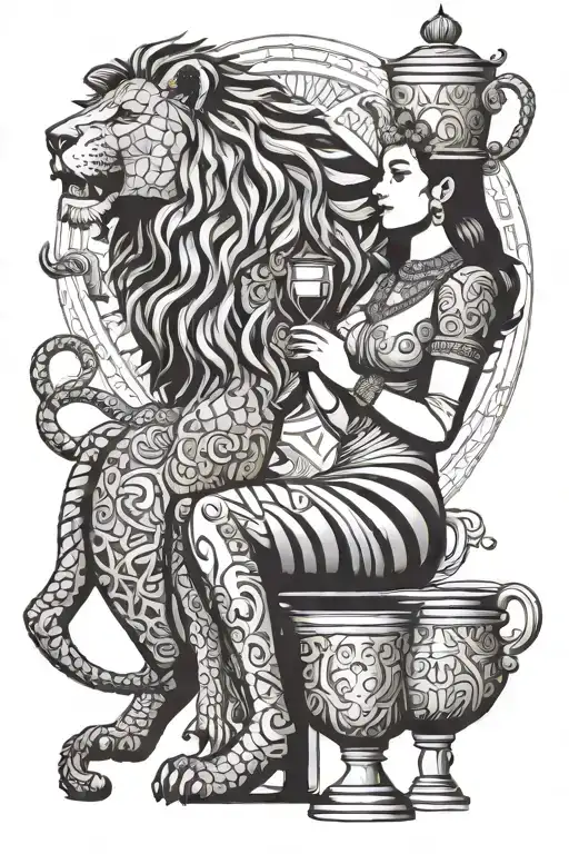 Babylon woman riding a lion-like beast and holding a cup of wine tattoo design idea
