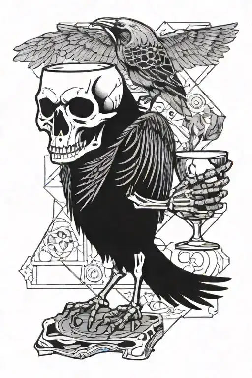 A skeleton holding a cup and making a toast in front of a raven tattoo design idea
