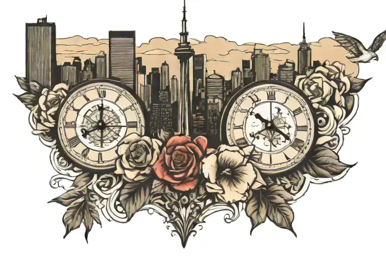 Create a tattoo with the toronto skyline & the timestamp 01:45:47 below it.  tattoo design idea