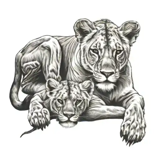 lioness and lion cub tattoo design idea