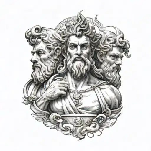 Greek god sleeve with busts of Hades on the forearm, Poseidon on the bicep, and Zeus on the shoulder tattoo design idea