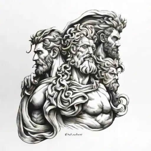 Greek god sleeve with busts of Hades on the forearm, Poseidon on the bicep, and Zeus on the shoulder tattoo design idea