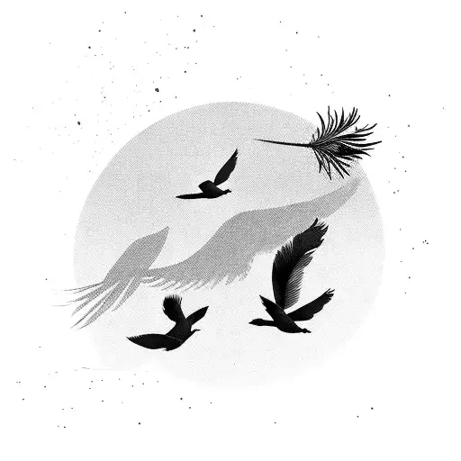 Single bird feather with birds flying away tattoo design idea