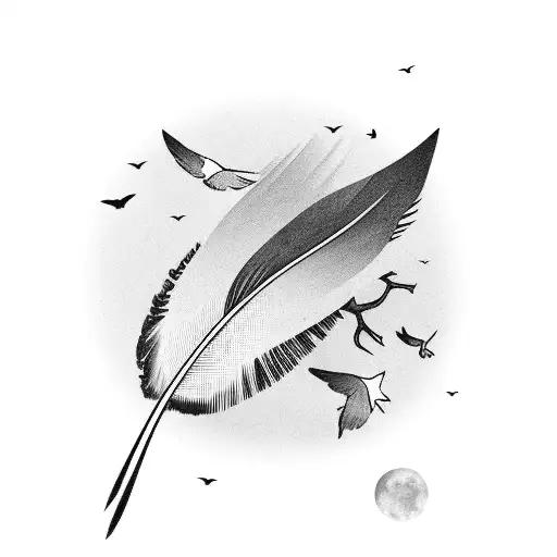 Single bird feather with birds above tattoo design idea
