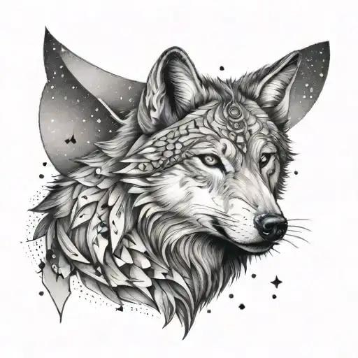 gray wolf and crescent star 3D tattoo design idea