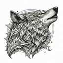 gray wolf and crescent star 3D tattoo design idea