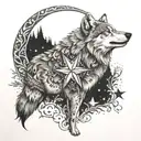 gray wolf and crescent star 3D tattoo design idea