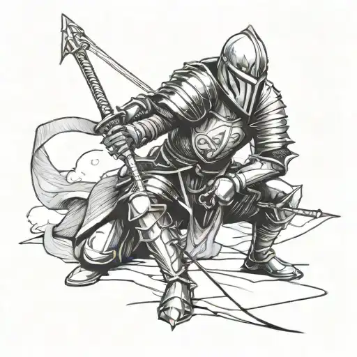 Knight hit by two arrows, who is kneeling leaning on his sword, preparing to get up and fight again tattoo design idea