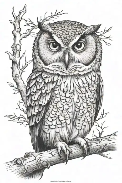 owl perched on a branch looking straight line tattoo tattoo design idea