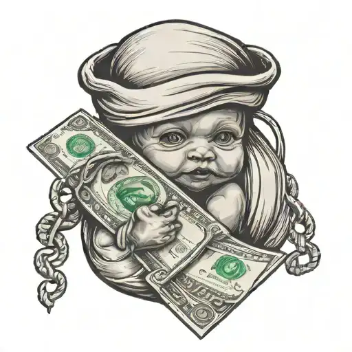 baby holding money bag in hand tattoo design idea