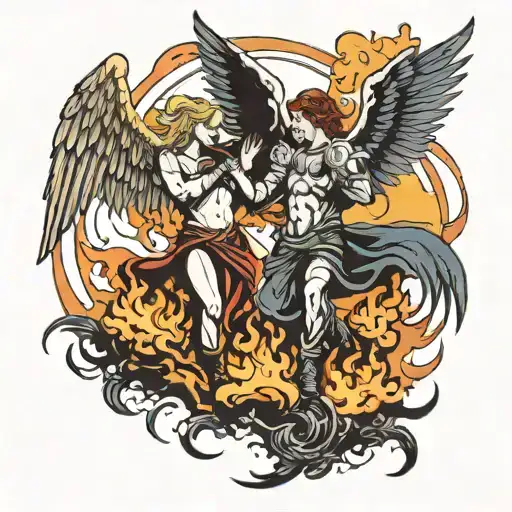 fight between heaven and hell, angels and demons, with dark colors and fire and sky tattoo design idea
