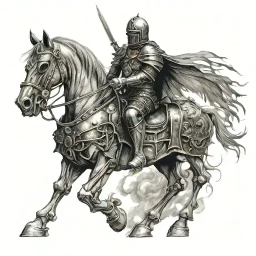 armored skeleton knight riding an armored horse galloping tattoo design idea