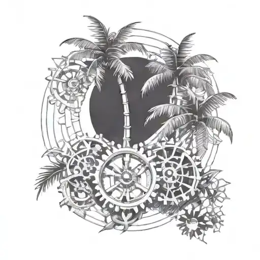 A sketch style tattoo of a palm tree with intricate engineering gears as coconuts tattoo design idea