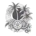 A sketch style tattoo of a palm tree with intricate engineering gears as coconuts tattoo design idea