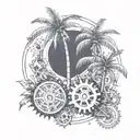 A sketch style tattoo of a palm tree with intricate engineering gears as coconuts tattoo design idea