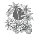 A sketch style tattoo of a palm tree with intricate engineering gears as coconuts tattoo design idea