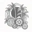 A sketch style tattoo of a palm tree with intricate engineering gears as coconuts tattoo design idea