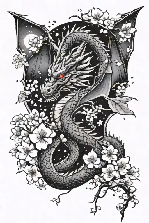 A realistic dragon in the night sky, with cherry blossoms and stars twinkling around it tattoo design idea