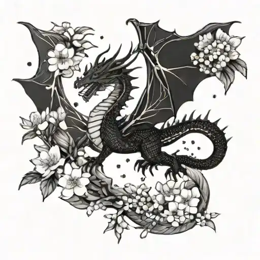 A realistic dragon in the night sky, with cherry blossoms and stars twinkling around it tattoo design idea