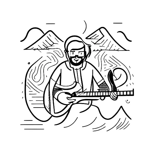 Man with shor hair and short beard playing guitar and pasionate about hiking and archery tattoo design idea