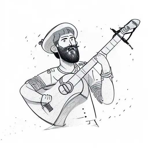 Man with short hair and short beard playing guitar and passionate about hiking and archery tattoo design idea