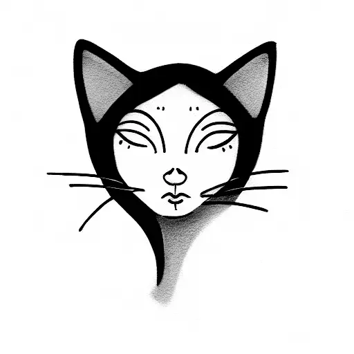 woman black cat, white grey blue color scheme, establishing shot, extremly high detail, foto realistic, cinematic lighti tattoo design idea