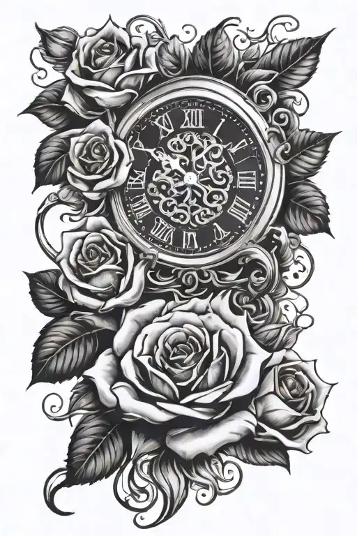 clock roses timeless banner wrapping  tattoo design idea