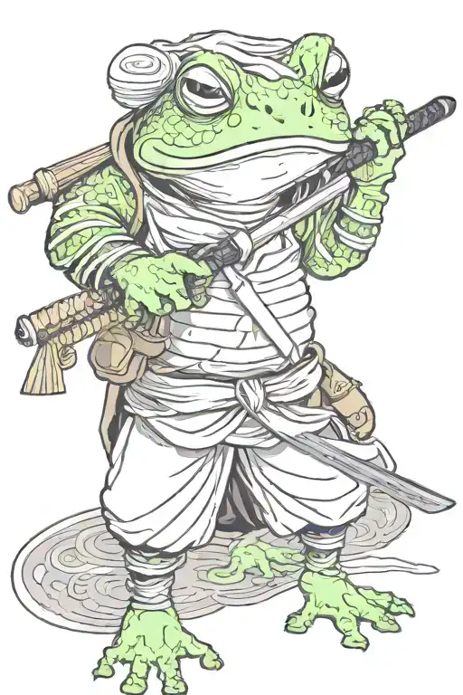 frog dressed up like a ronin holds a katana tattoo design idea