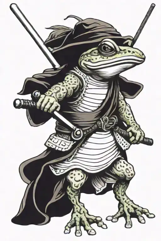 frog dressed up like a ronin holds a katana tattoo design idea