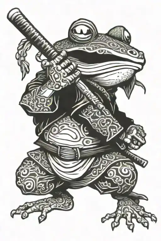 frog dressed up like a ronin holds a katana tattoo design idea