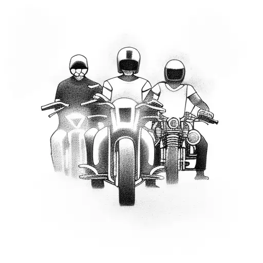 A group of friends riding motorcycles along a beach at sunset, capturing the essence of friendship and freedom tattoo design idea