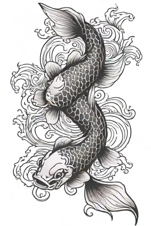 fish koi with suminagashi background black and white tattoo design idea