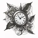 A stylized clock with the hands pointing to memories fading away, symbolizing the effects of Alzheimer's tattoo design idea