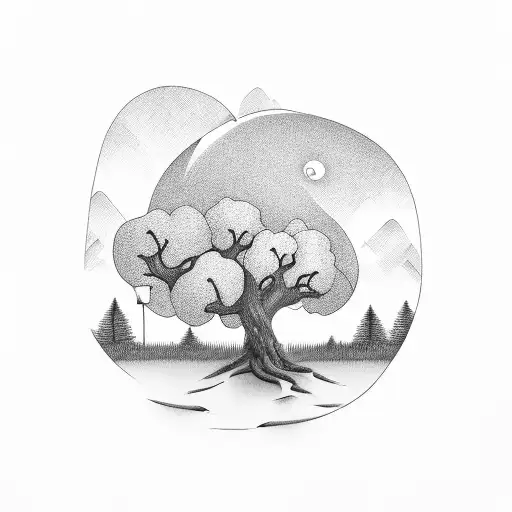 A bookkeeper sitting under a tree in a serene nature setting tattoo design idea
