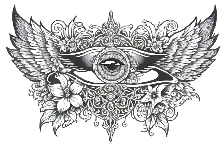Make me a black and white tattoo with these features: Isis wings, the eye of Horus and the lily flowers. tattoo design idea