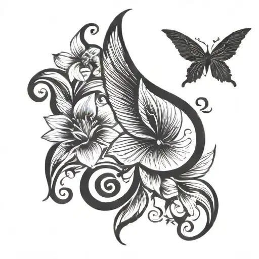 Make me a black and white tattoo with these characteristics: the Isis wings, the eye of Horus and the lily flowers. for tattoo design idea