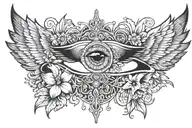 Make me a black and white tattoo with these features: Isis wings, the eye of Horus and the lily flowers. tattoo design idea