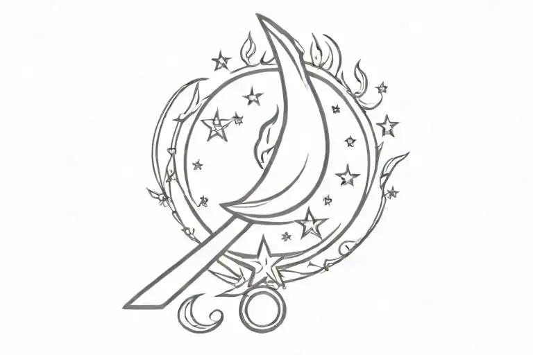 moon star butter knife with flaming tattoo design idea